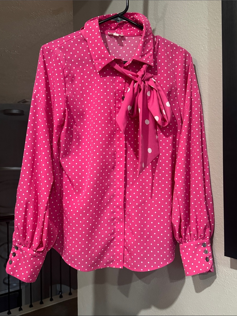Riley & Rae Hot Pink Polka Dot Tie-Neck Blouse